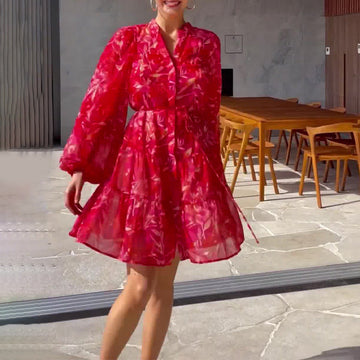 V-Neck Print Lantern Sleeve Chiffon High-Waisted Dress In Autumn 2024